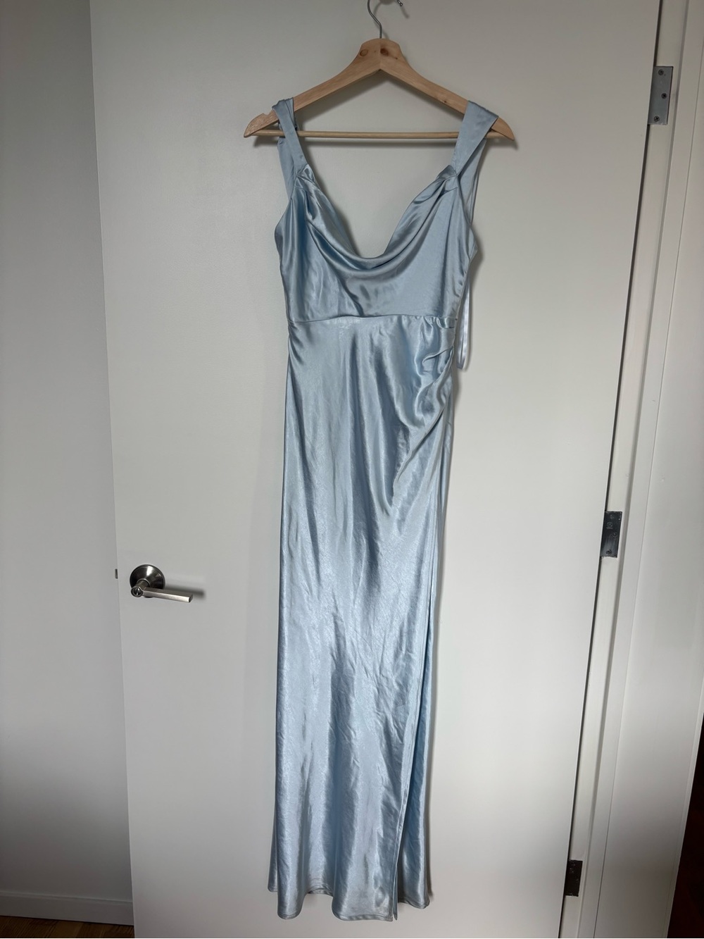 Elegant Light Blue Satin Cowl Neck Maxi Dress